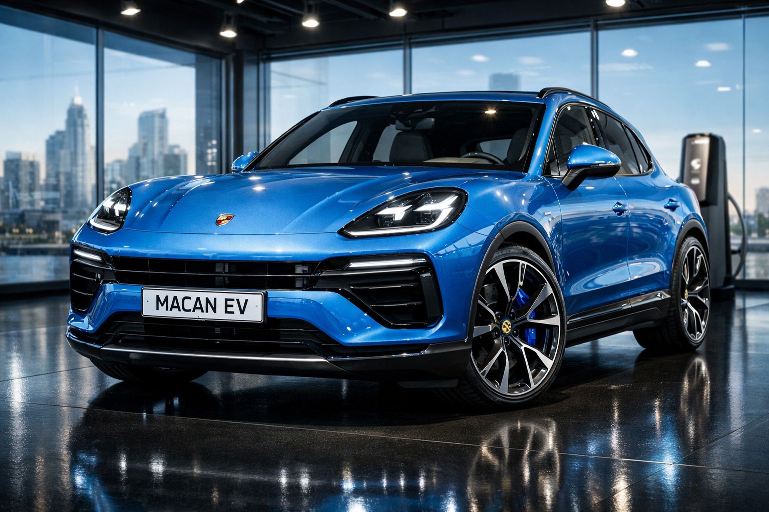 Carro elétrico azul Porsche Macan EV estacionado em showroom com grandes janelas e vista urbana ao fundo.