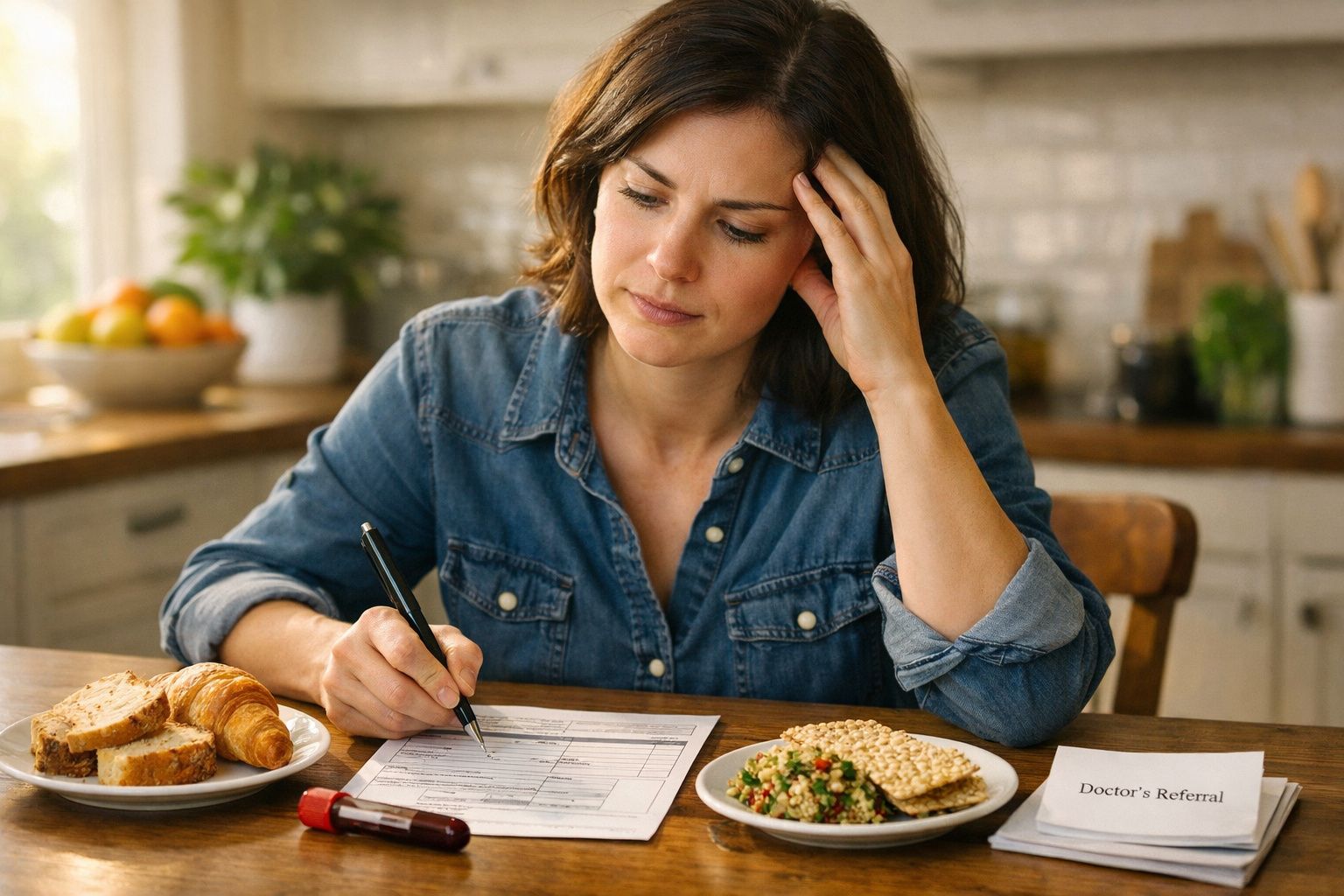 Mulher preocupa-se enquanto preenche formulário sentada à mesa com alimentos e uma carta médica à frente.