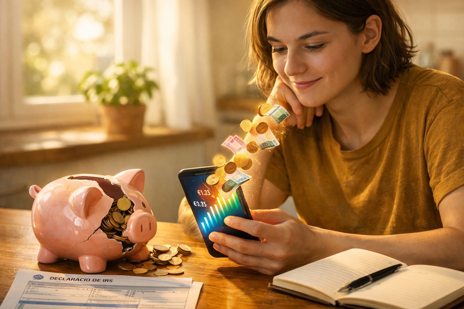 Mulher a gerir finanças no telemóvel, moedas e notas a sair de mealheiro partido numa mesa.