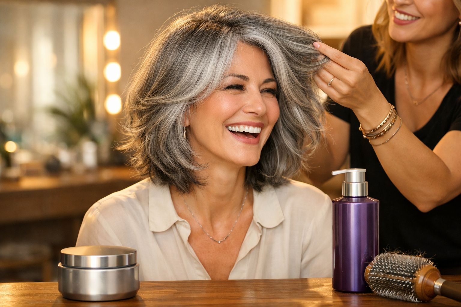 Mulher de cabelos grisalhos sorrindo enquanto é penteada num salão de beleza moderno.