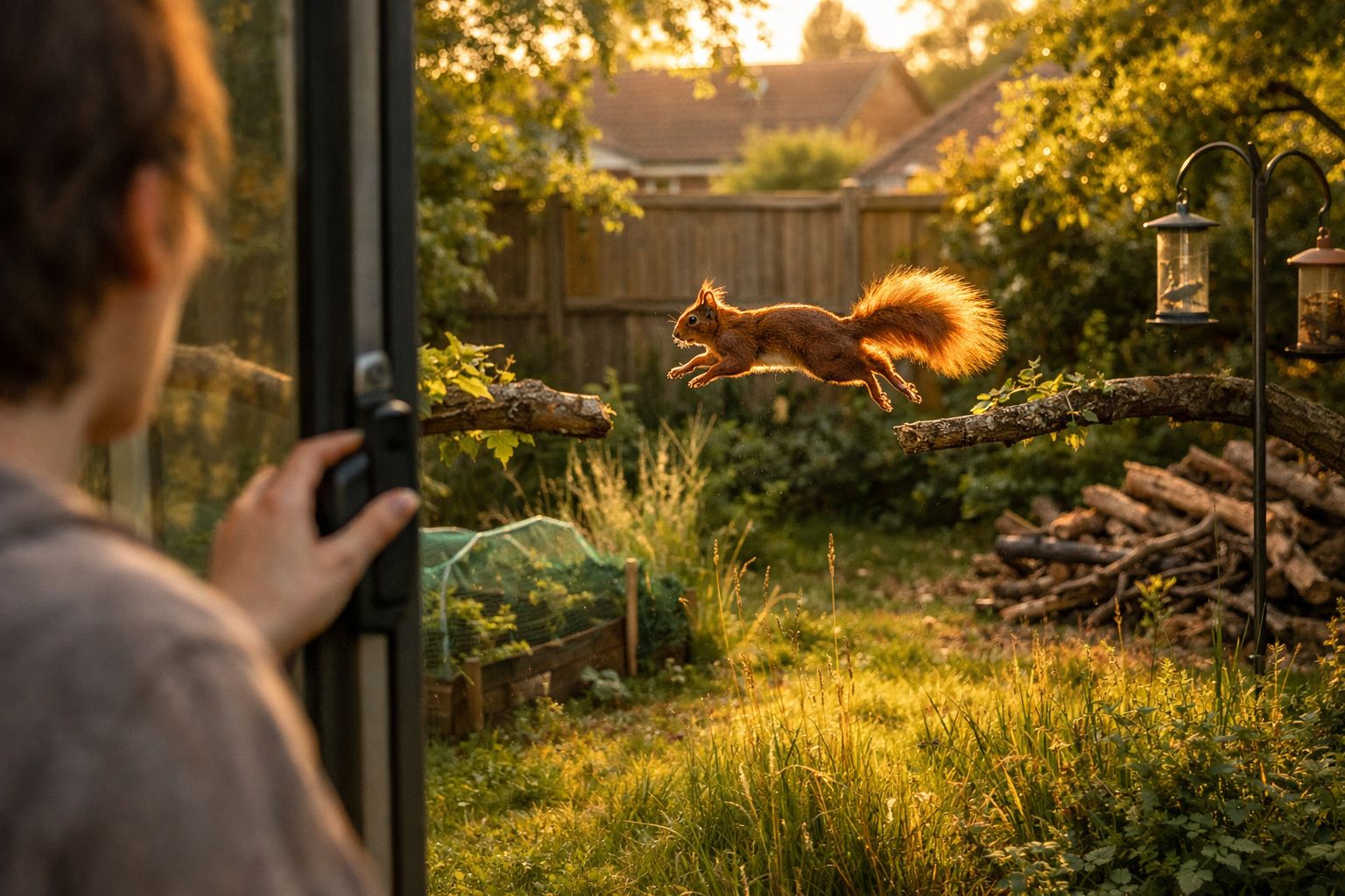 Veado saltando entre dois troncos num jardim iluminado pelo sol ao entardecer.