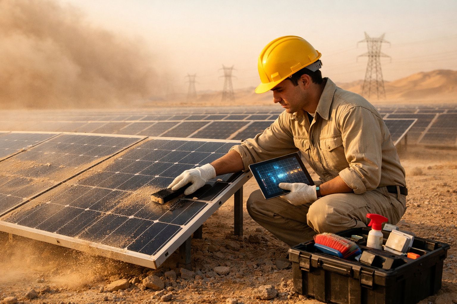 Homem com capacete amarelo limpa painéis solares num campo desértico usando tablet e roupa de trabalho.