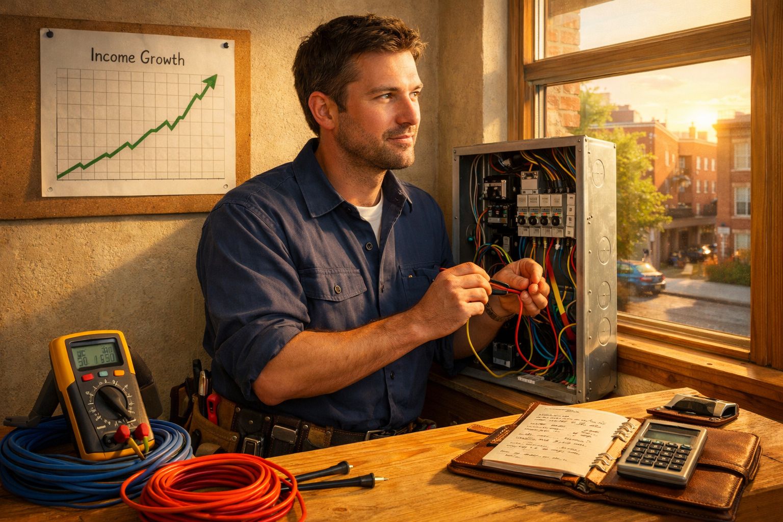 Homem a trabalhar como eletricista junto a quadro elétrico com gráfico de crescimento pendurado na parede.