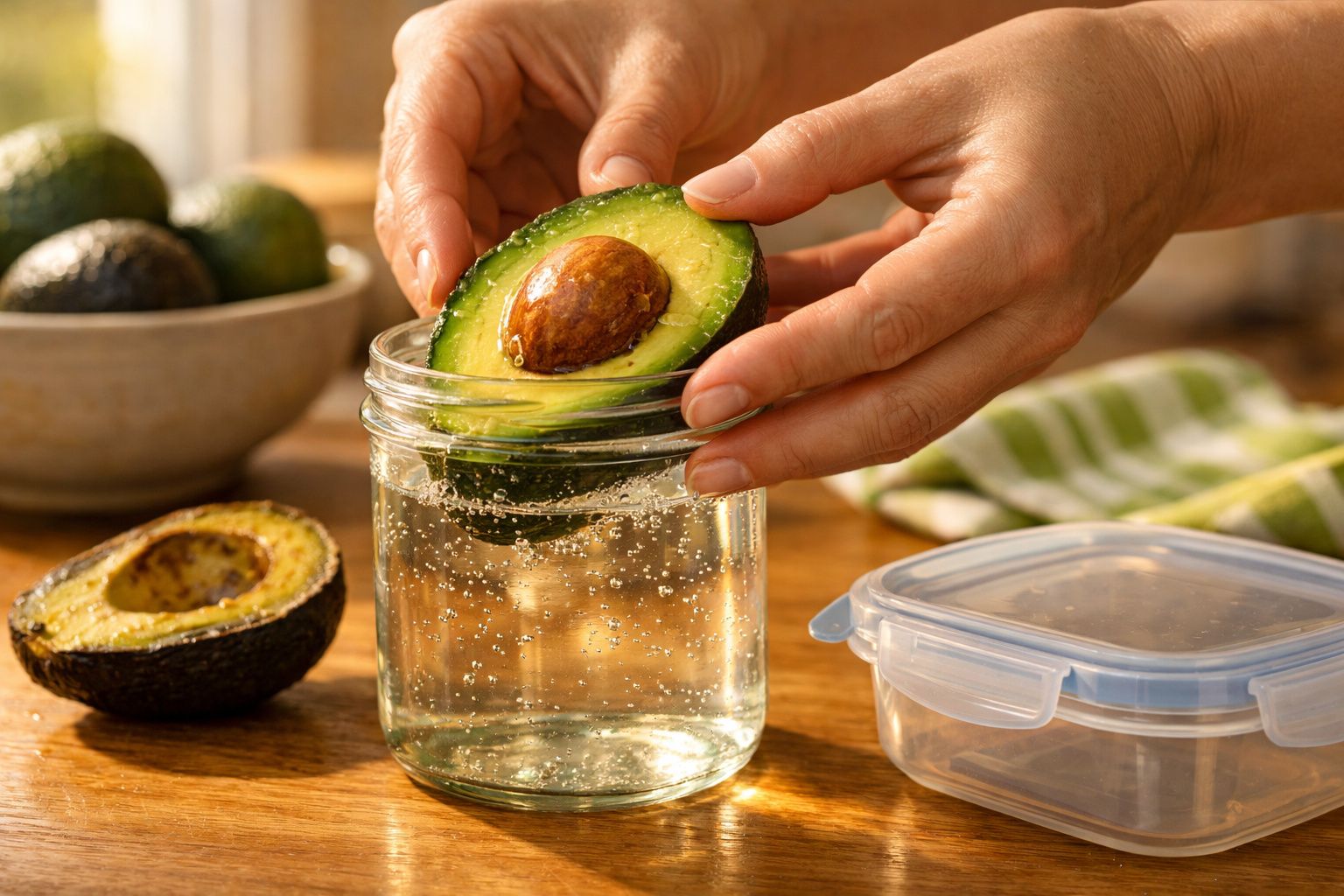 Mãos a mergulhar meio abacate com caroço num frasco de vidro com água numa cozinha.