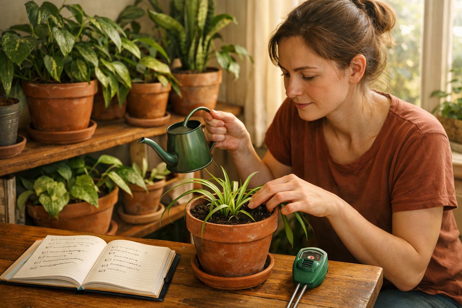 Mulher a regar planta em vaso de barro, rodeada de outras plantas, com livro aberto e tecla de guitarra na mesa.