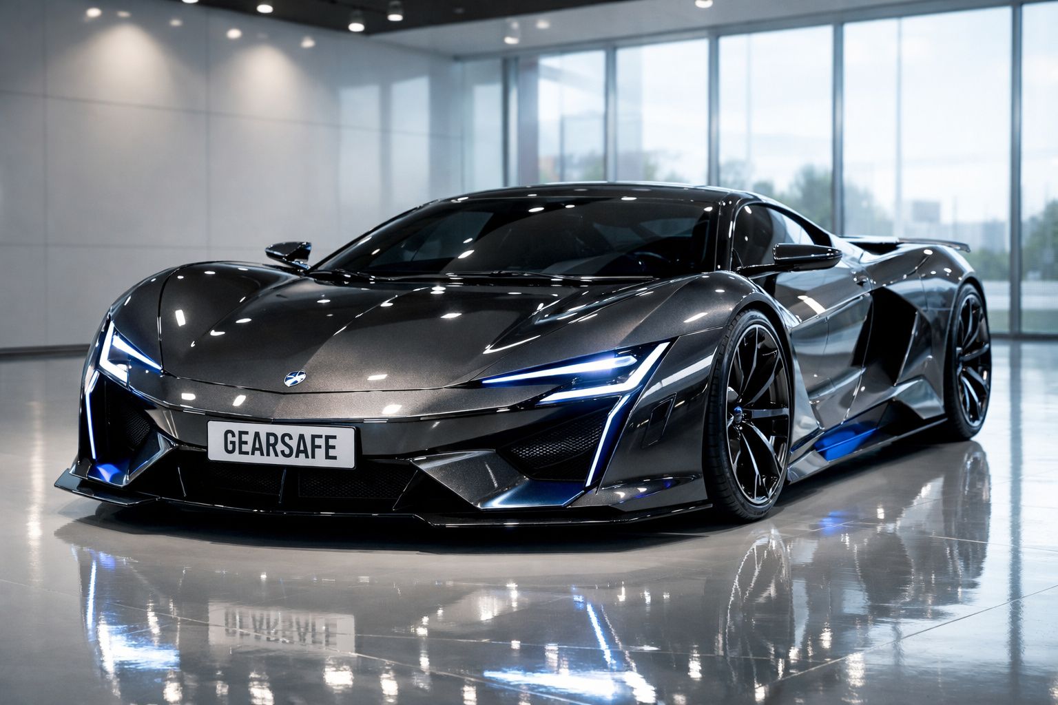 Carro desportivo luxuoso cinza metálico estacionado em piso reflector no interior de uma garagem moderna.