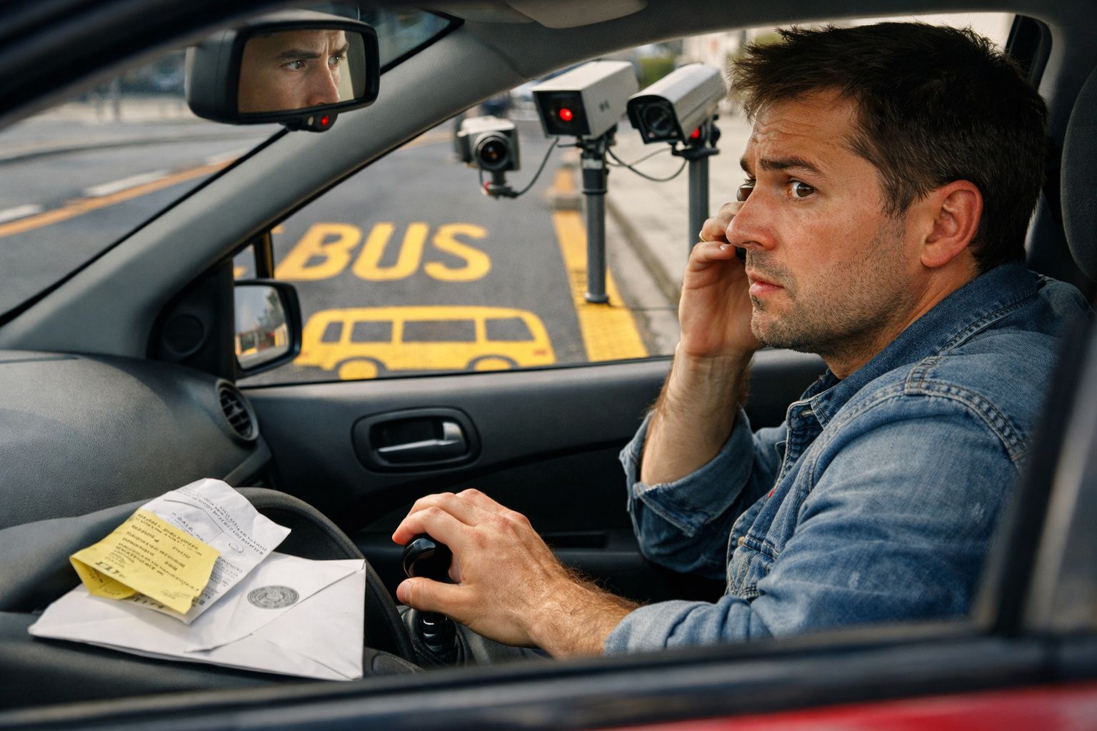 Homem dentro do carro a atender telefone, estacionado numa via reservada a autocarros com câmaras de vigilância.