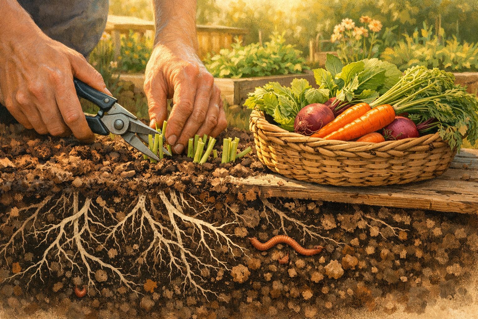 Mãos a cortar rebentos na terra com tesoura, cesta com cenouras e cebolas ao lado, raízes e minhoca no solo.