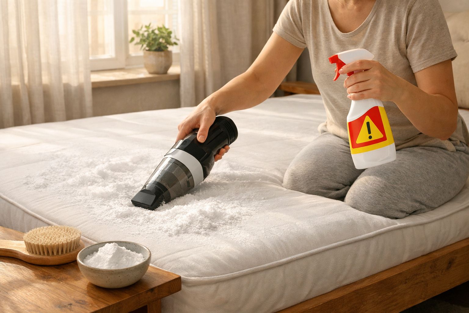 Pessoa a limpar colchão com aspirador portátil e spray de limpeza num quarto iluminado.