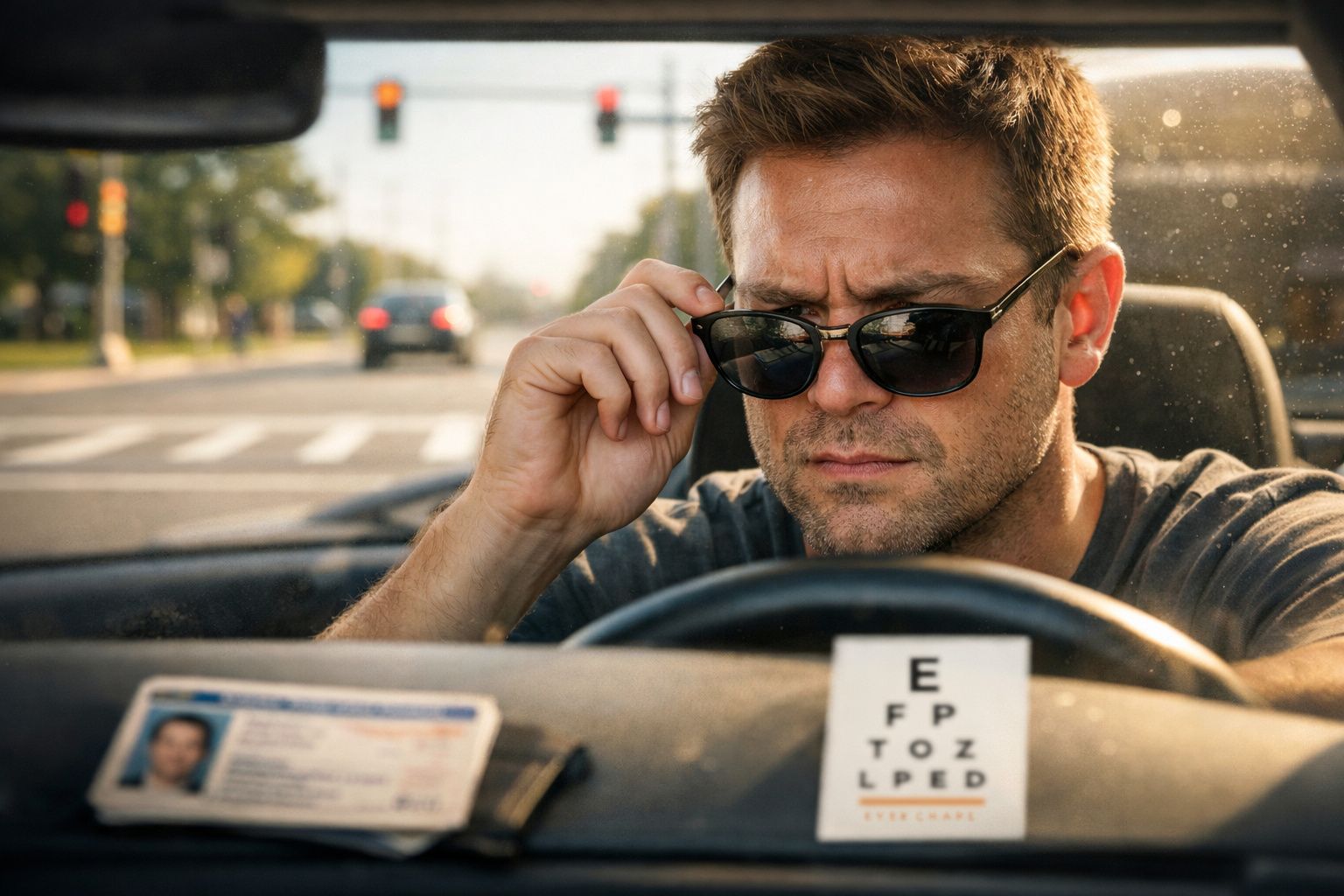 Homem com óculos escuros ao volante, focado e a olhar para a estrada numa cidade com semáforos.