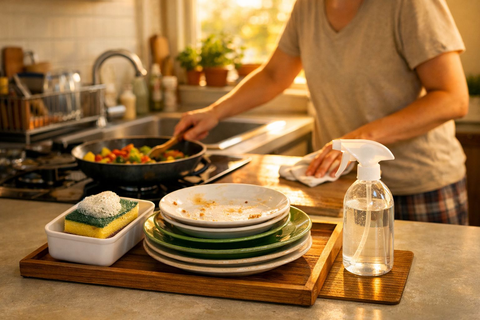Pratos sujos e esfregão num tabuleiro na cozinha, pessoa a cozinhar e a limpar a bancada ao fundo.