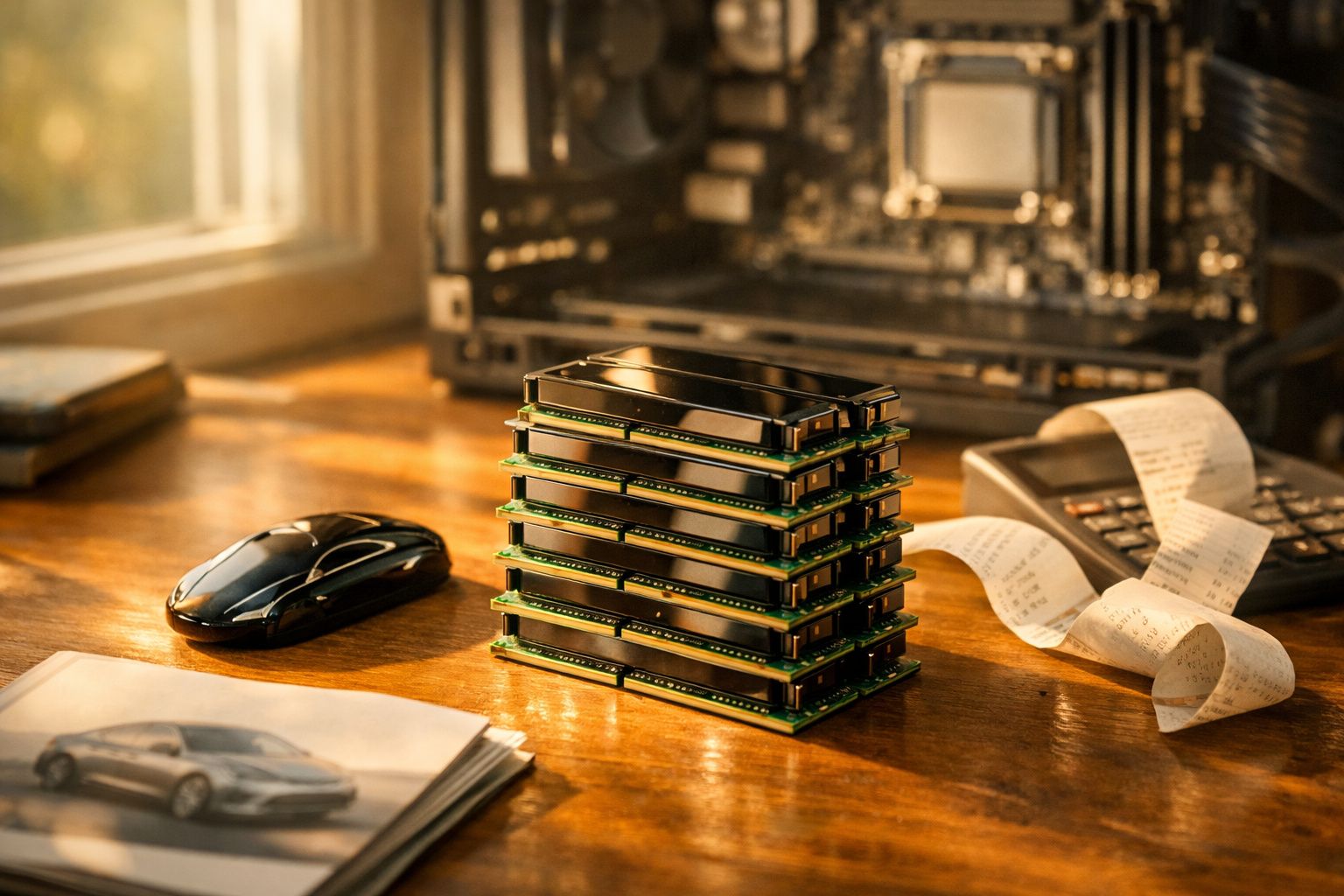 Pilhas de módulos de memória RAM empilhados sobre uma mesa de madeira com rato e calculadora ao fundo.
