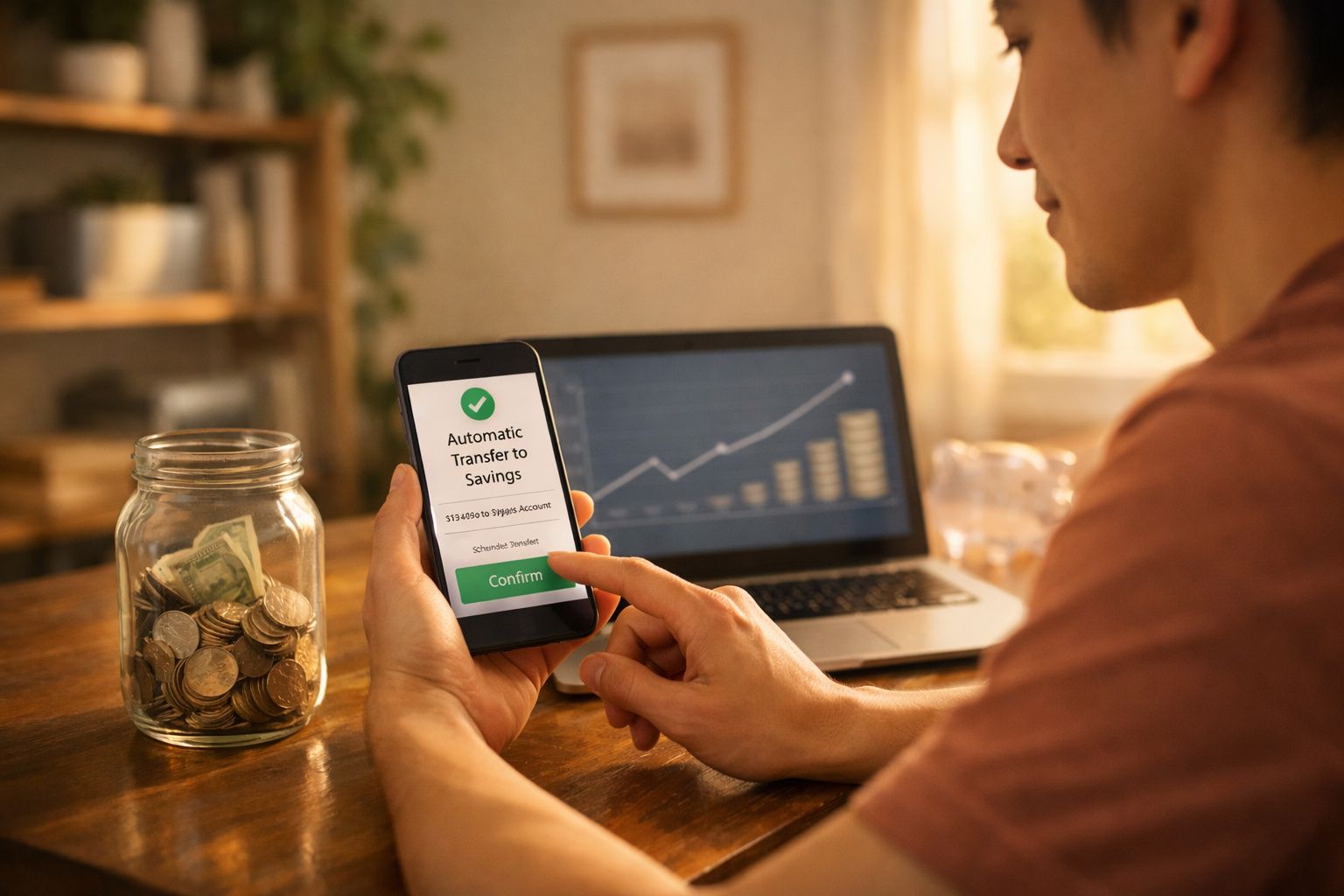 Pessoa a usar smartphone para confirmar transferência automática de poupança, com jarro de moedas e computador ao fundo.