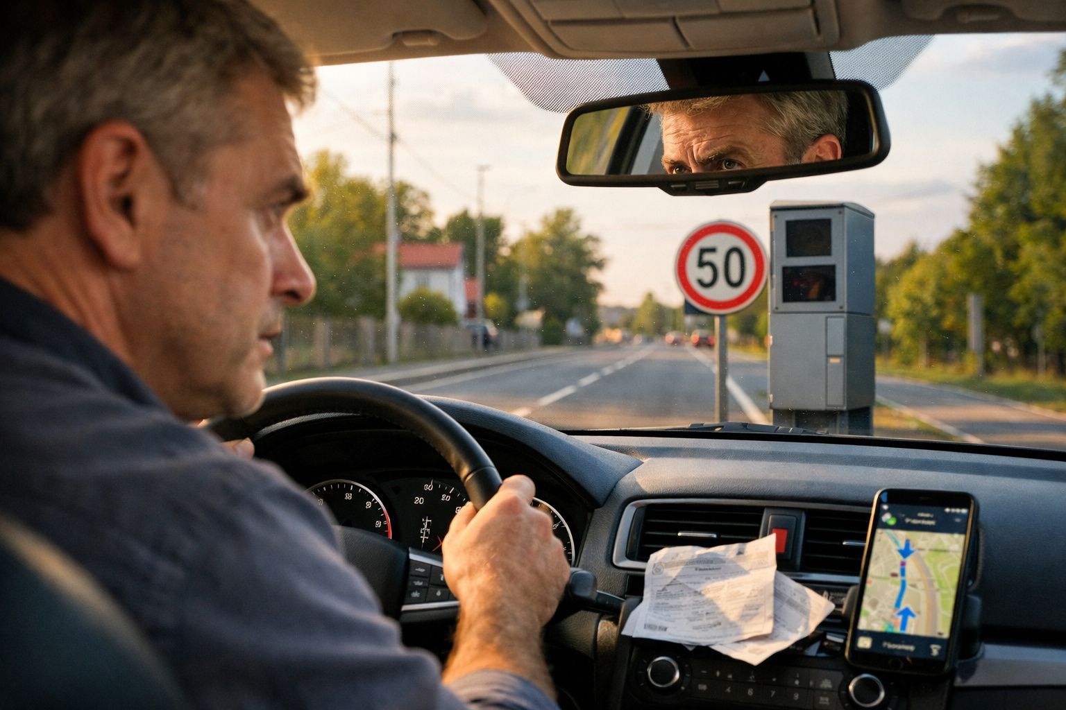 Homem a conduzir um carro numa estrada com limite de velocidade de 50 km/h e radar de velocidade visível.
