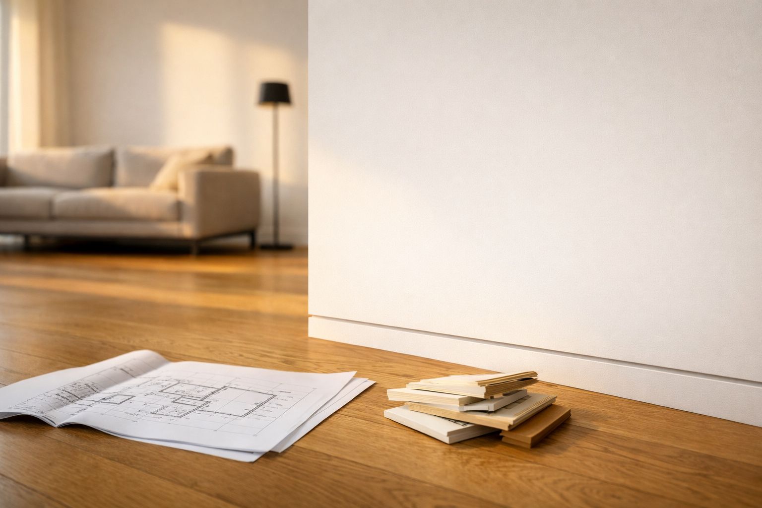 Planta de arquitetura e amostras de materiais no chão de madeira em sala moderna com sofá e candeeiro no fundo.