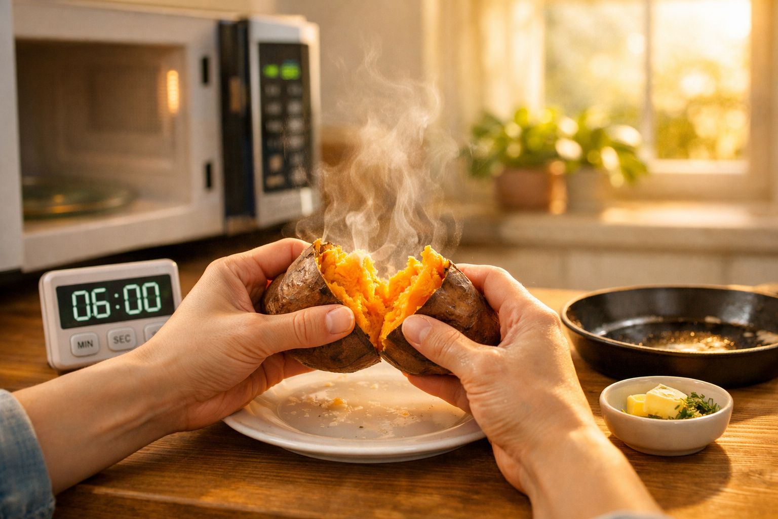 Mãos a partir batata-doce quente cozida em cozinha com vapor visível e temporizador digital.