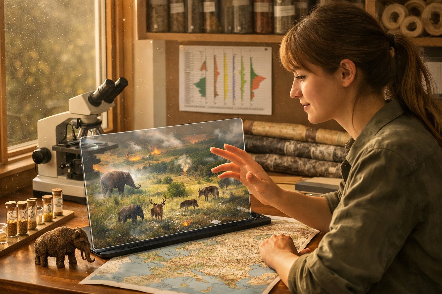 Mulher observa cena virtual de animais selvagens em ecrã transparente numa mesa com mapas e microscópio.