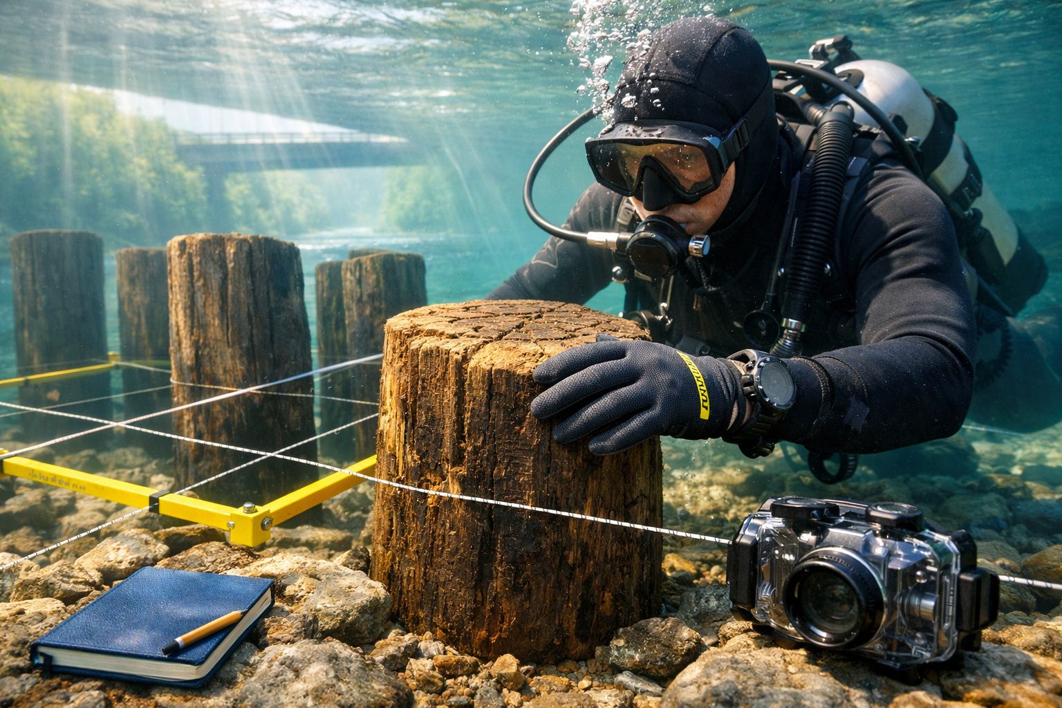 Mergulhador a examinar estaca de madeira submersa com equipamento de mergulho e câmera subaquática.