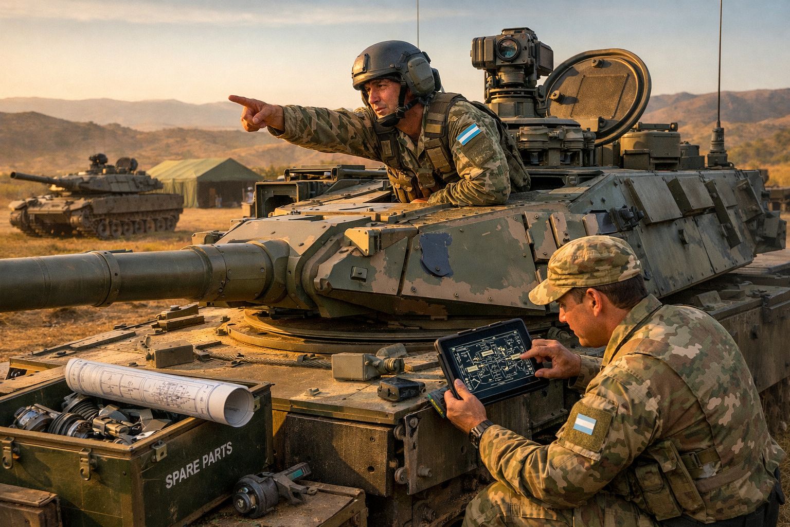 Dois soldados em uniforme camuflado interagem com um tanque militar num terreno seco.