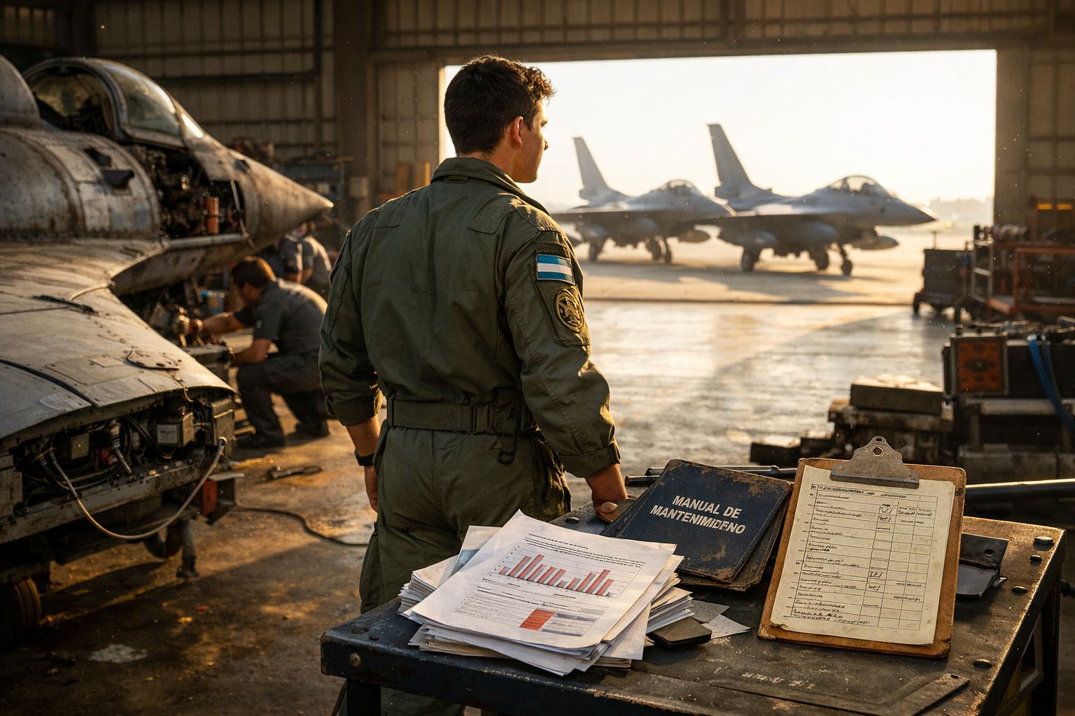 Militar em uniforme verde observa aviões de caça num hangar enquanto outros técnicos trabalham na manutenção.