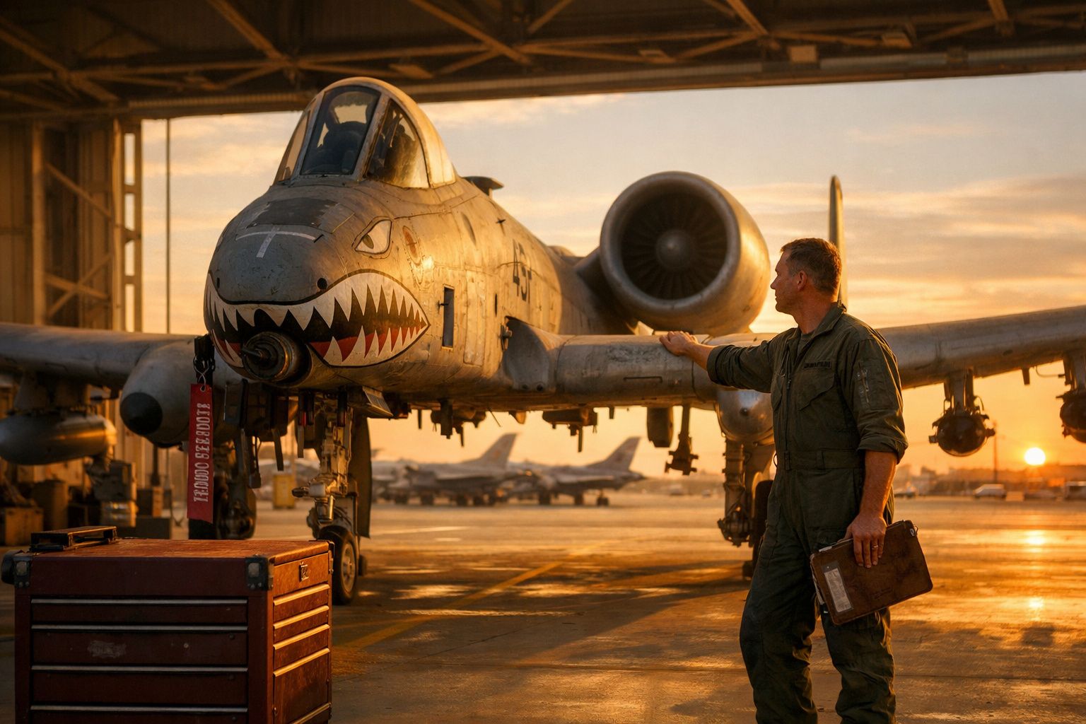 Homem em uniforme militar verifica avião de combate pintado com rosto de tubarão ao pôr do sol numa base aérea.