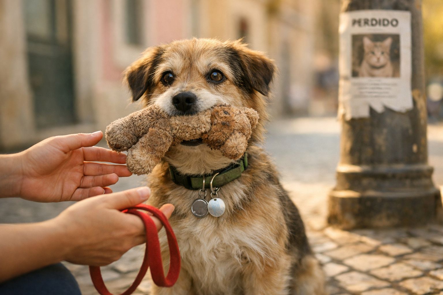 Cão com brinquedo na boca a ser preparado para passeio num passeio de calçada com cartaz de gato perdido ao fundo.