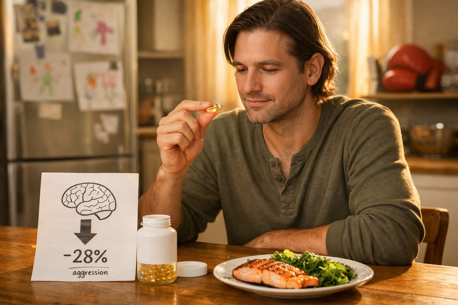 Homem sentado à mesa com suplemento em cápsula, salmão grelhado e vegetais, e gráfico de redução da agressividade.