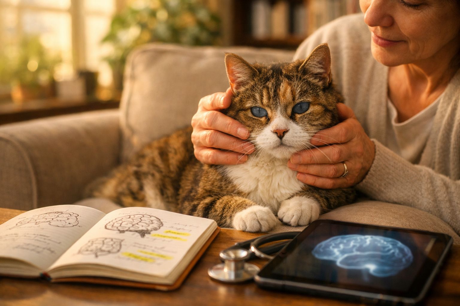 Gato com olhos azuis sentado, rodeado por uma mulher, livro de anatomia e tablet com imagem de cérebro.
