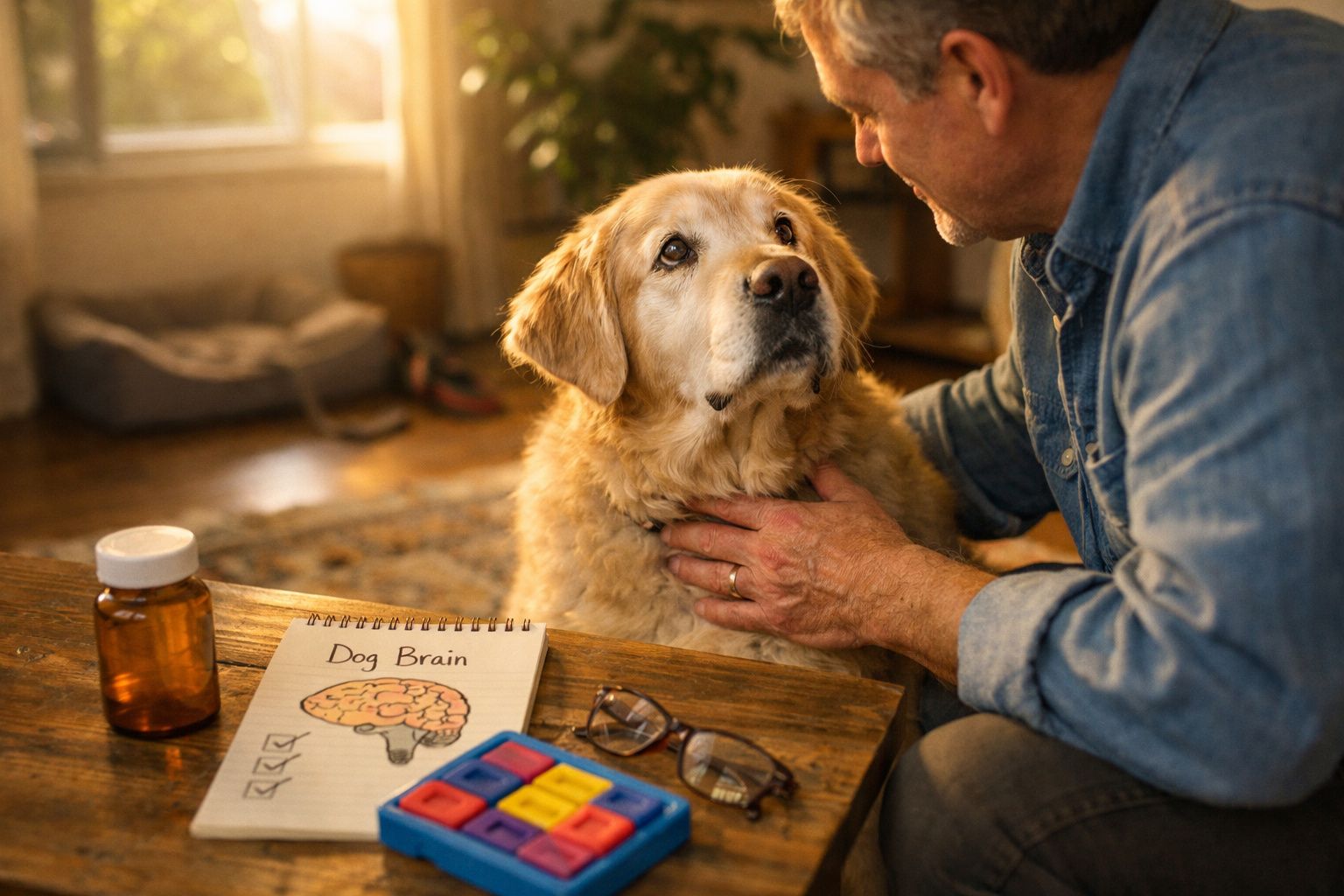 Homem acariciando um cão dourado num ambiente acolhedor com material de estudo sobre cérebro de cão na mesa.