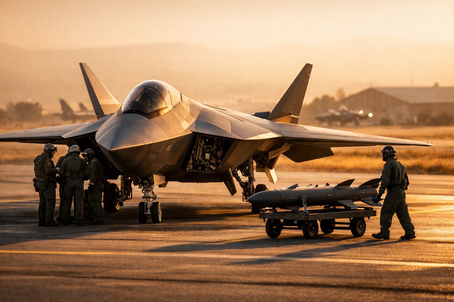 Jato militar furtivo na pista com tripulação a preparar armamento sob luz dourada do pôr-do-sol.