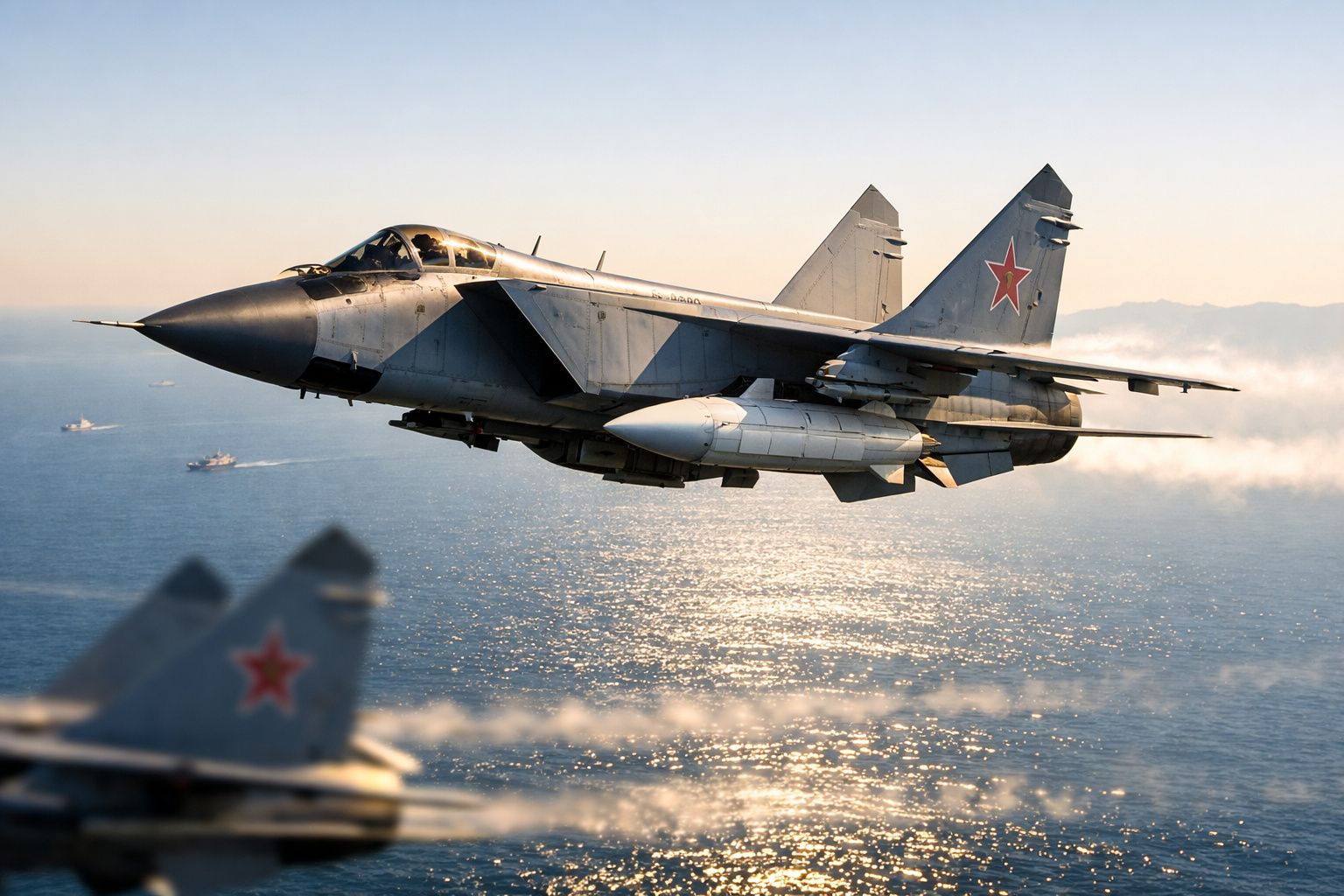 Caça militar russo a voar sobre o mar com reflexos do sol na água ao fundo.