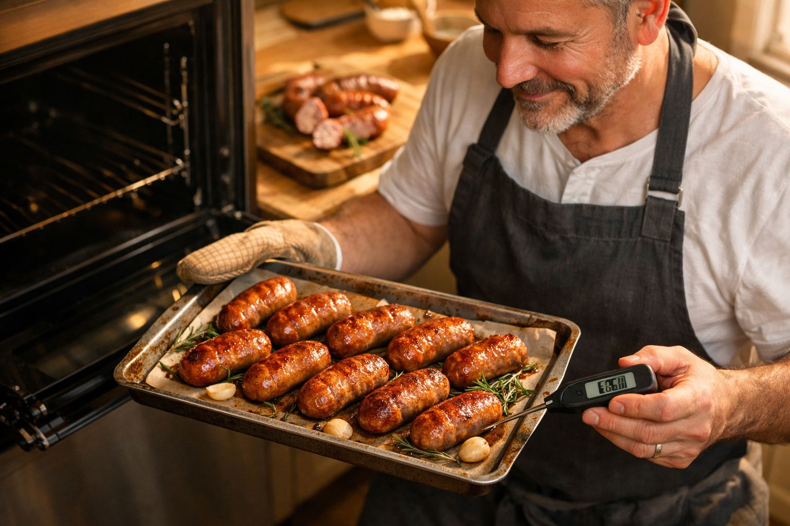 Homem a segurar tabuleiro com salsichas assadas e termómetro de carne no forno.