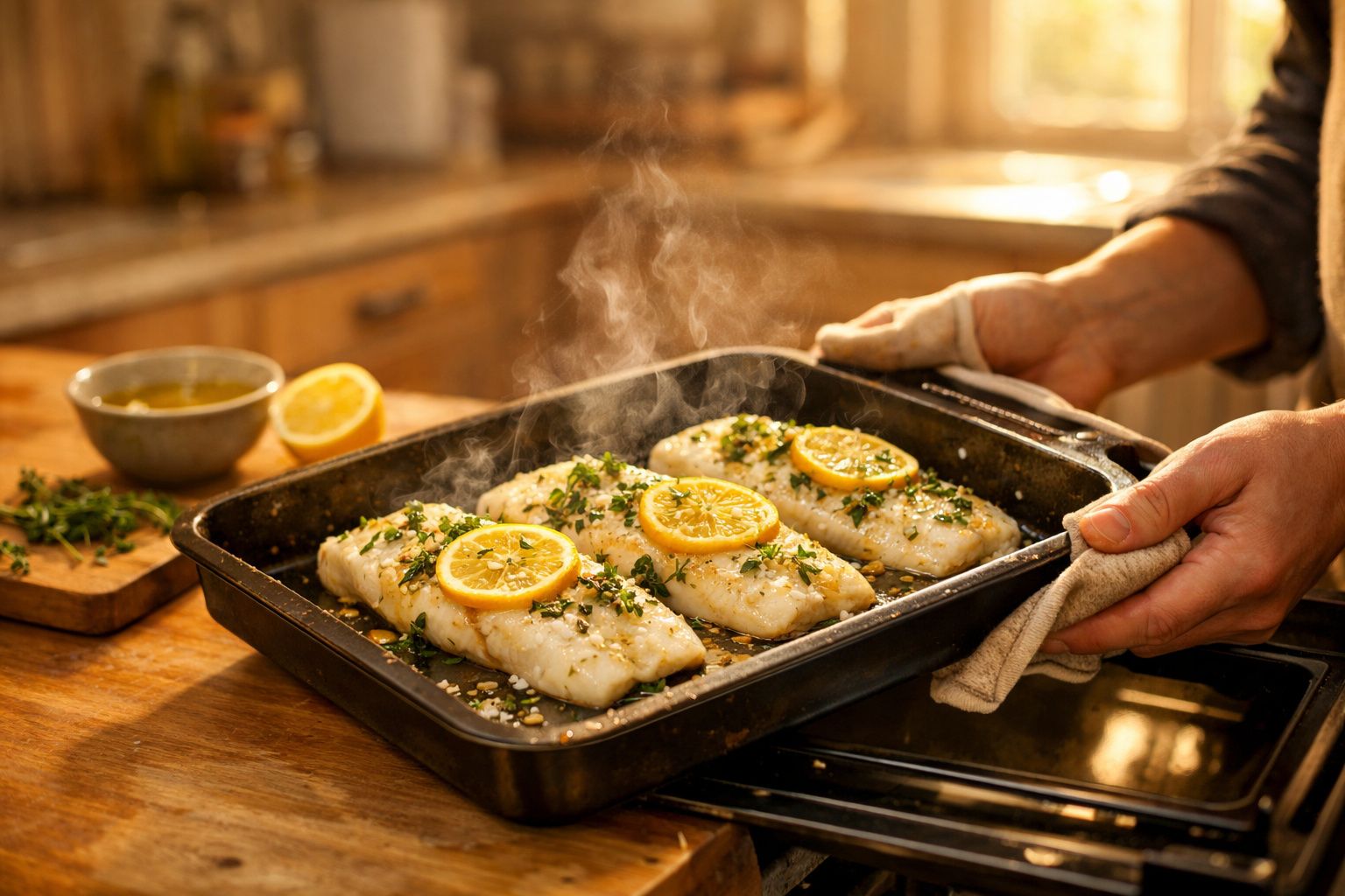 Pessoas a retirar do forno tabuleiro com filetes de peixe fresco temperados com limão e ervas aromáticas.