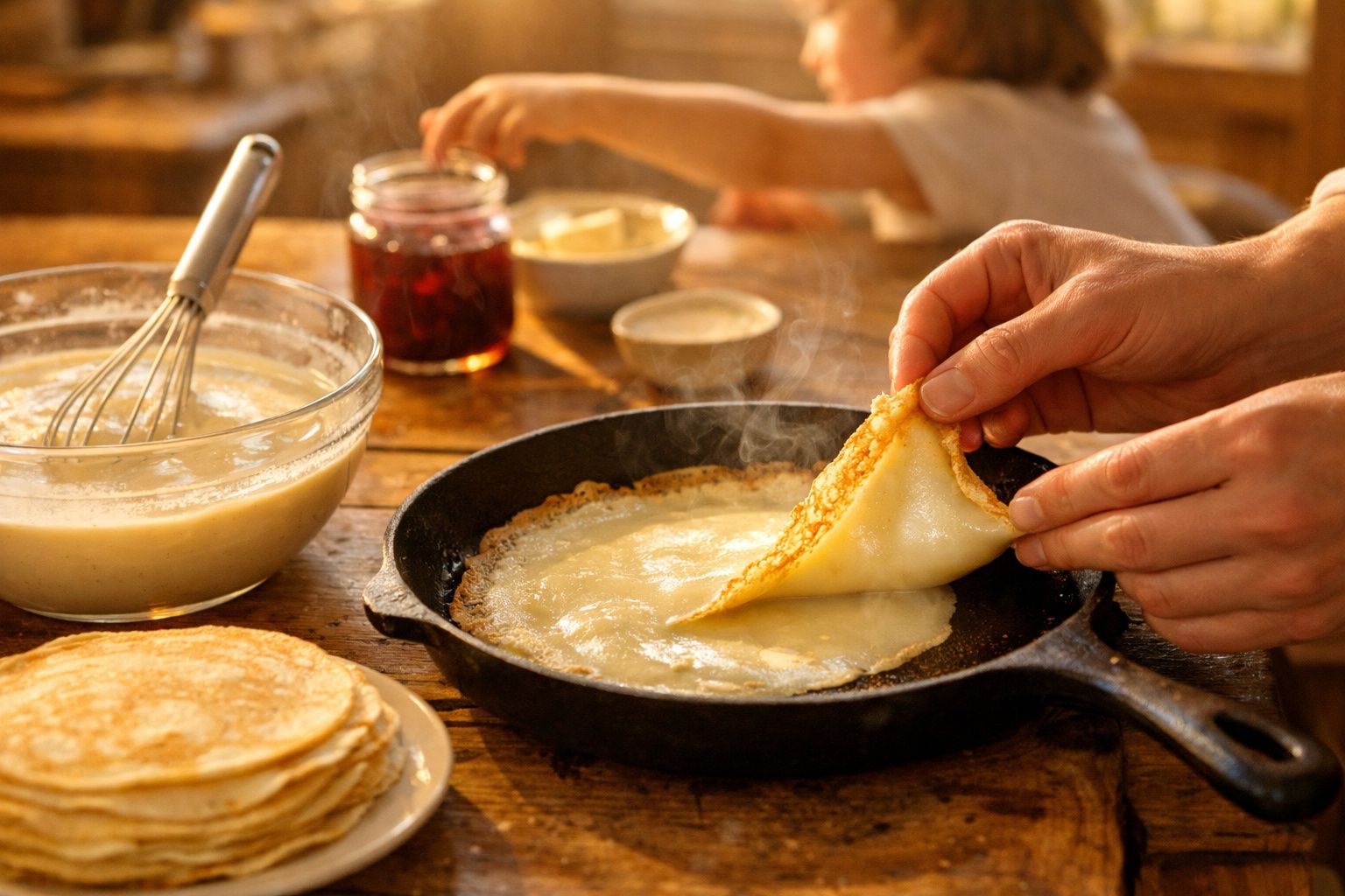 Mãos a virar uma crepe quente numa frigideira, com massa, ovos, compota e manteiga ao fundo sobre mesa de madeira.
