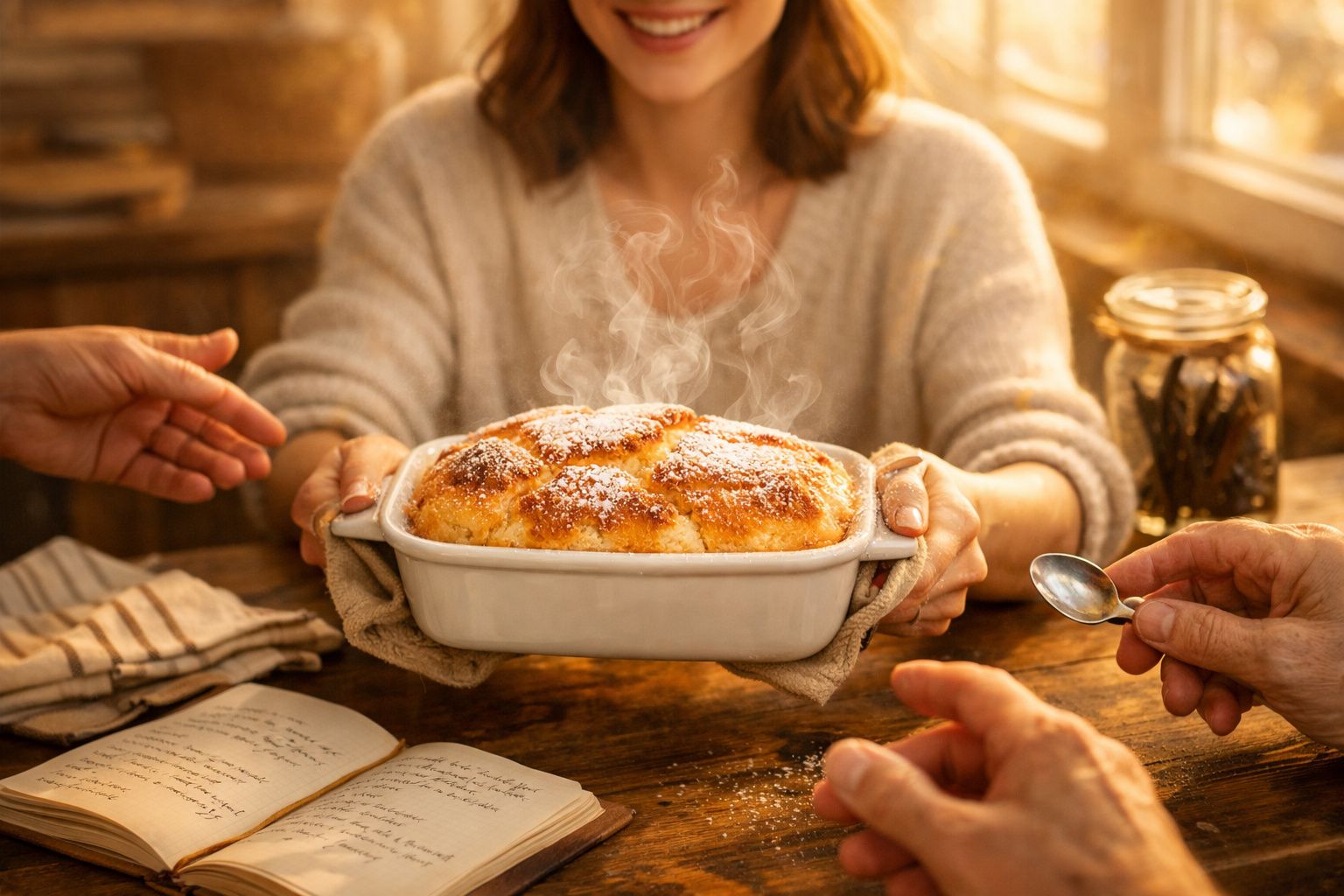 Pessoa a servir sobremesa quente num tabuleiro branco a outras duas pessoas à mesa de madeira.