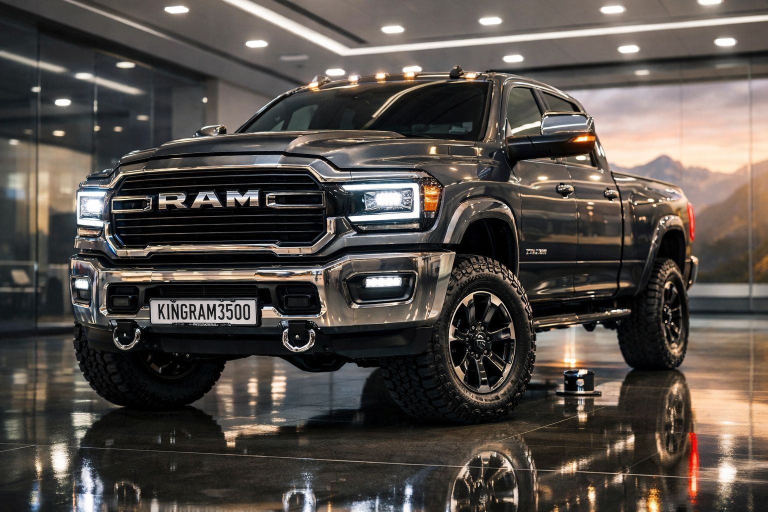 Pick-up RAM Kingram 3500 cinzenta estacionada em chão brilhante, com luzes acesas e fundo de paisagem montanhosa.