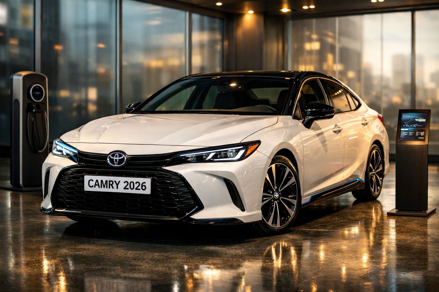 Carro Toyota Camry 2026 branco com tejadilho preto exposto em showroom moderno com iluminação ambiente.