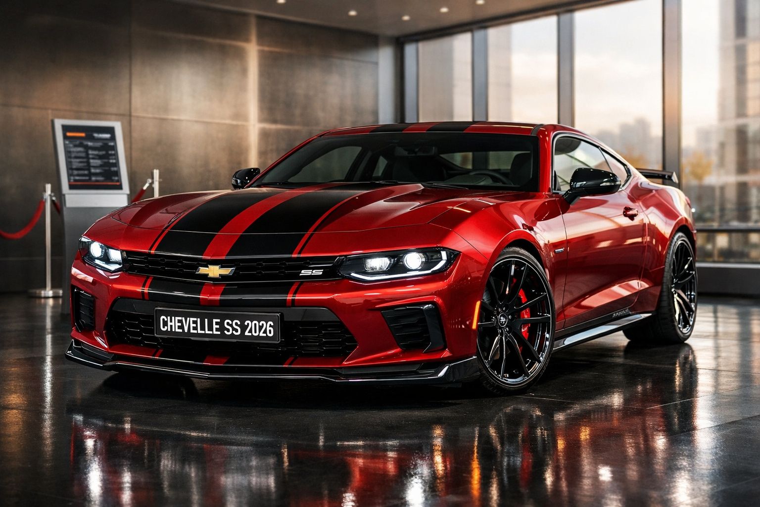 Carro desportivo Chevrolet Chevelle SS 2026 vermelho com riscas negras exposto em ambiente interior moderno.