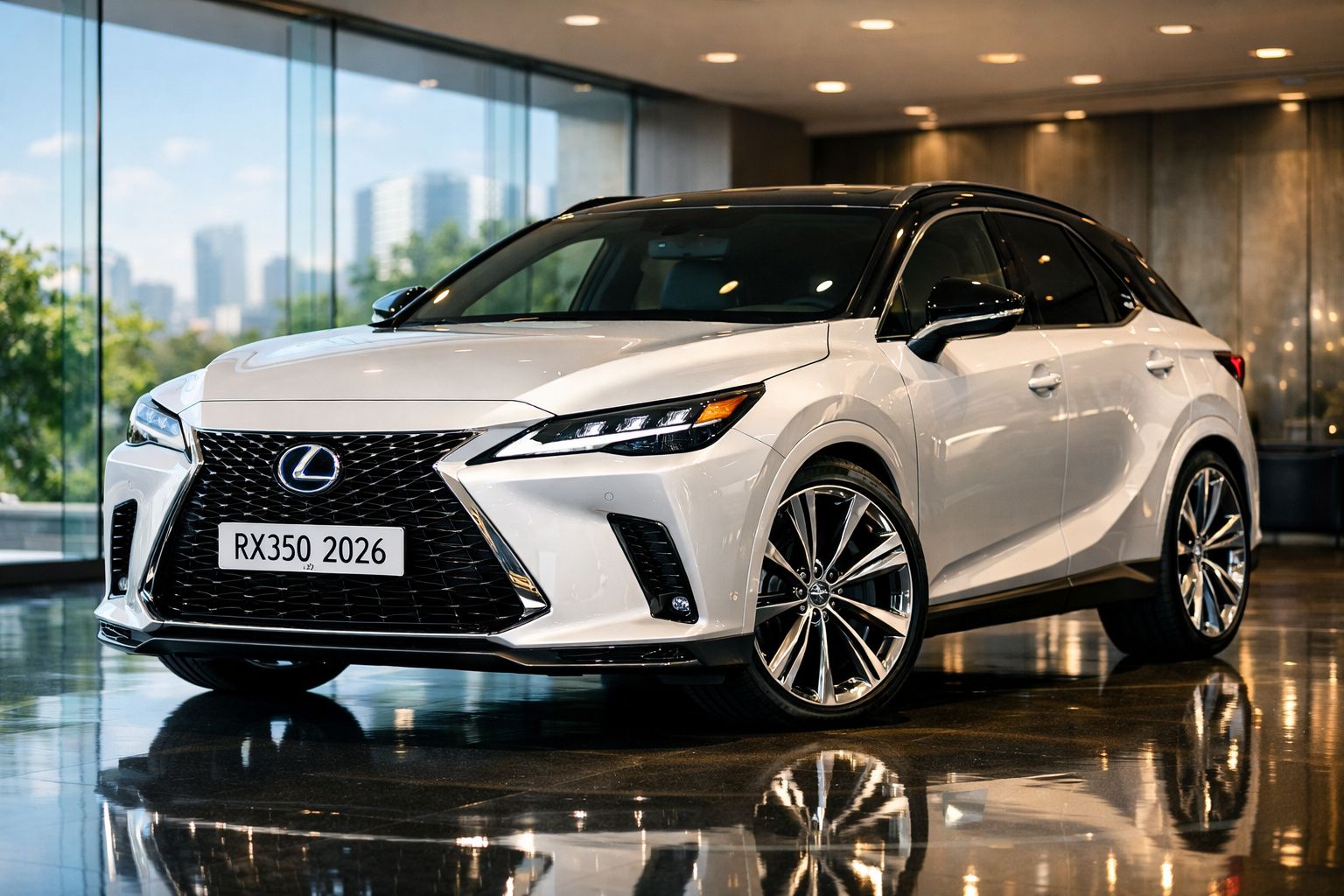Carro Lexus RX350 2026 branco estacionado em espaço interior moderno com chão refletor.