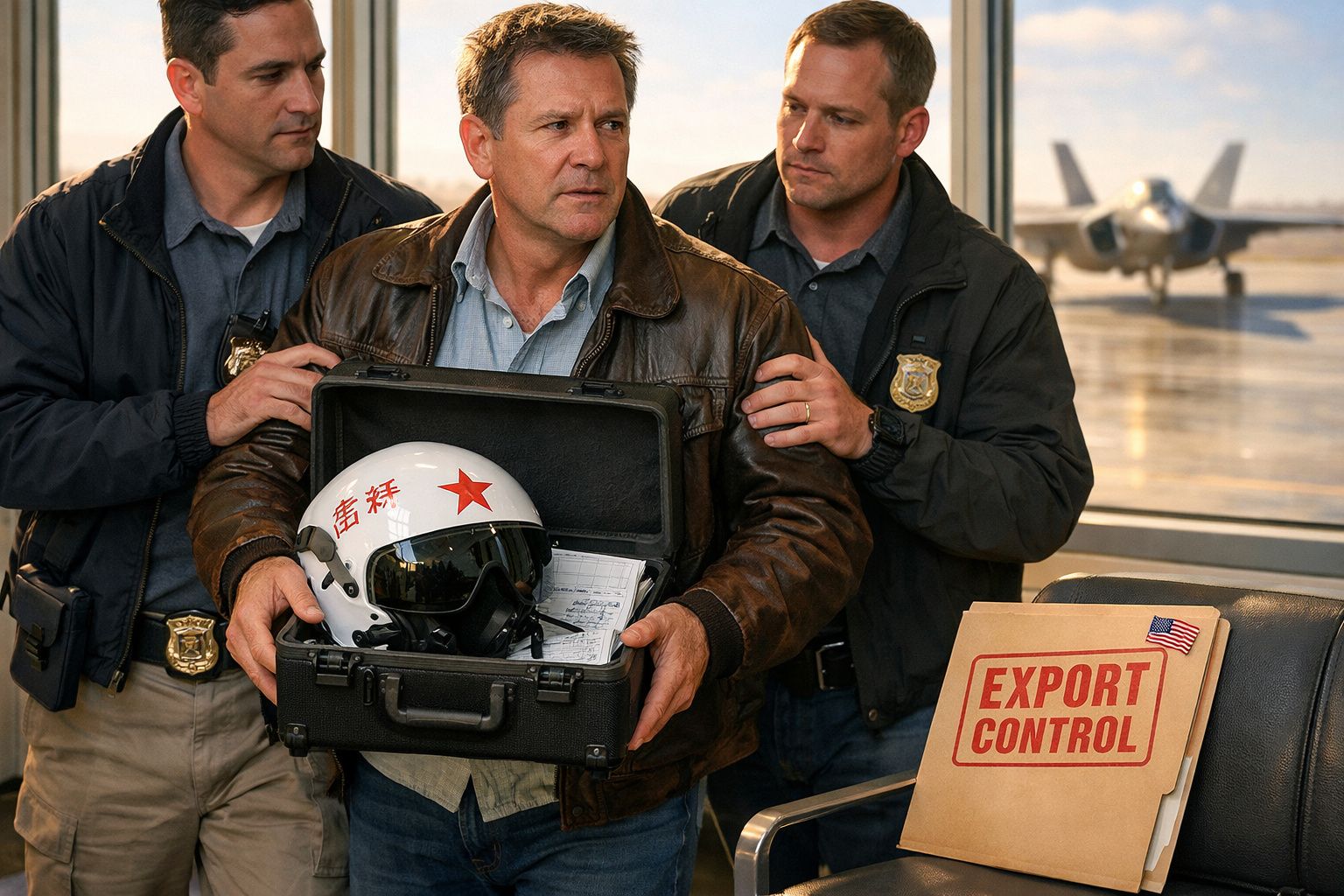 Três homens com crachás de polícia verificam capacete de piloto guardado numa mala preta num aeroporto.