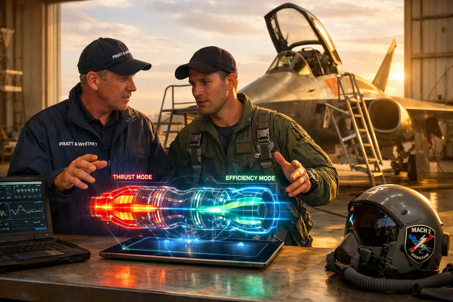 Dois homens discutem um motor de avião holográfico numa oficina com caça ao fundo ao pôr do sol.