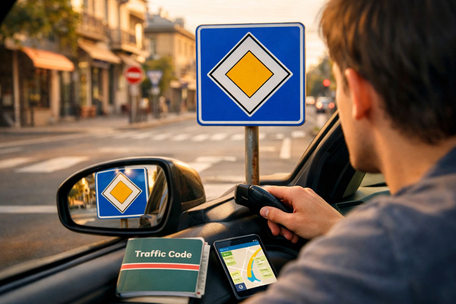 Condutor atento ao sinal de prioridade amarelo e branco enquanto segura a chave do carro e vê mapa no telemóvel.