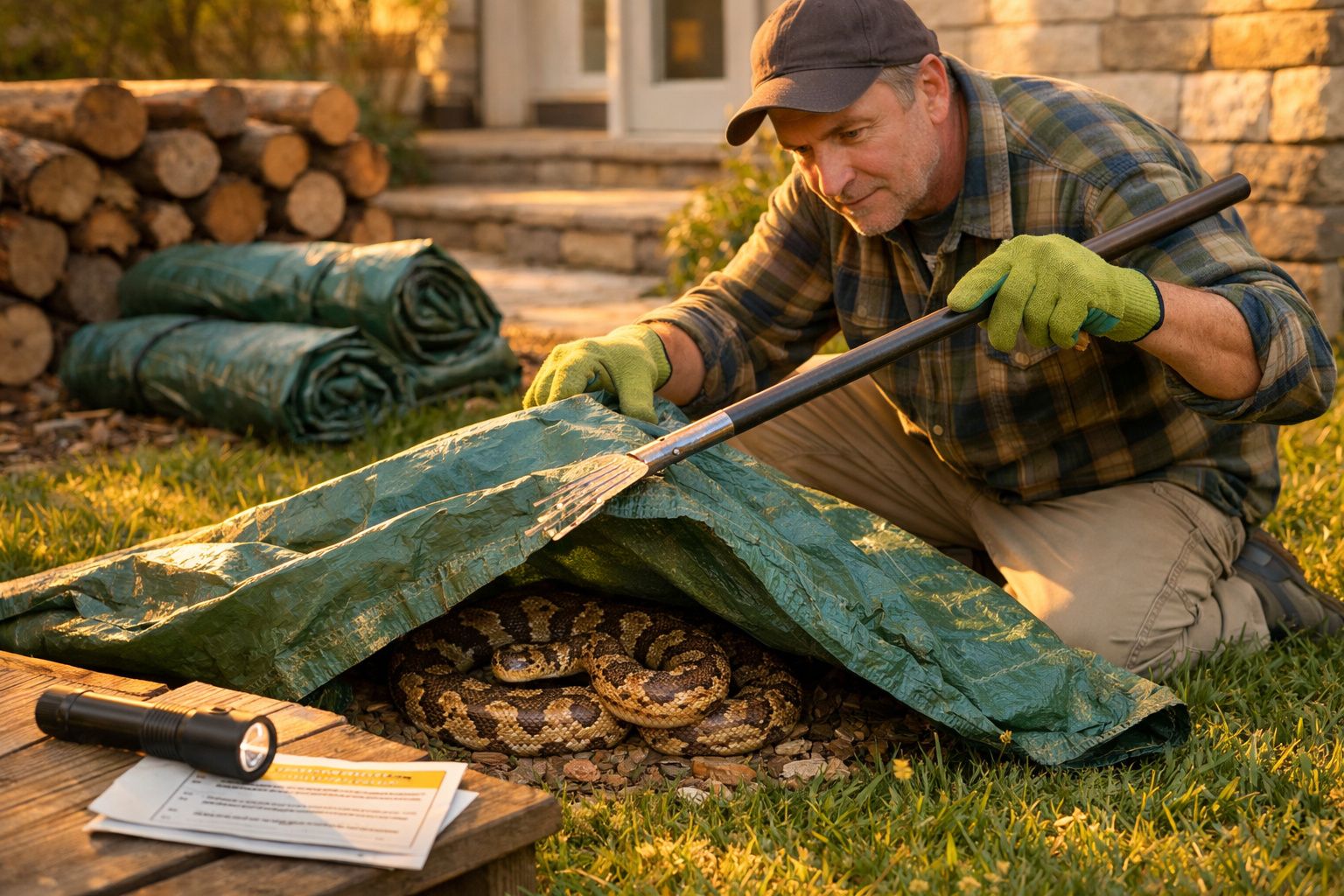 Homem com luvas a retirar lona e a revelar uma cobra enrolada na relva perto de lenha empilhada.