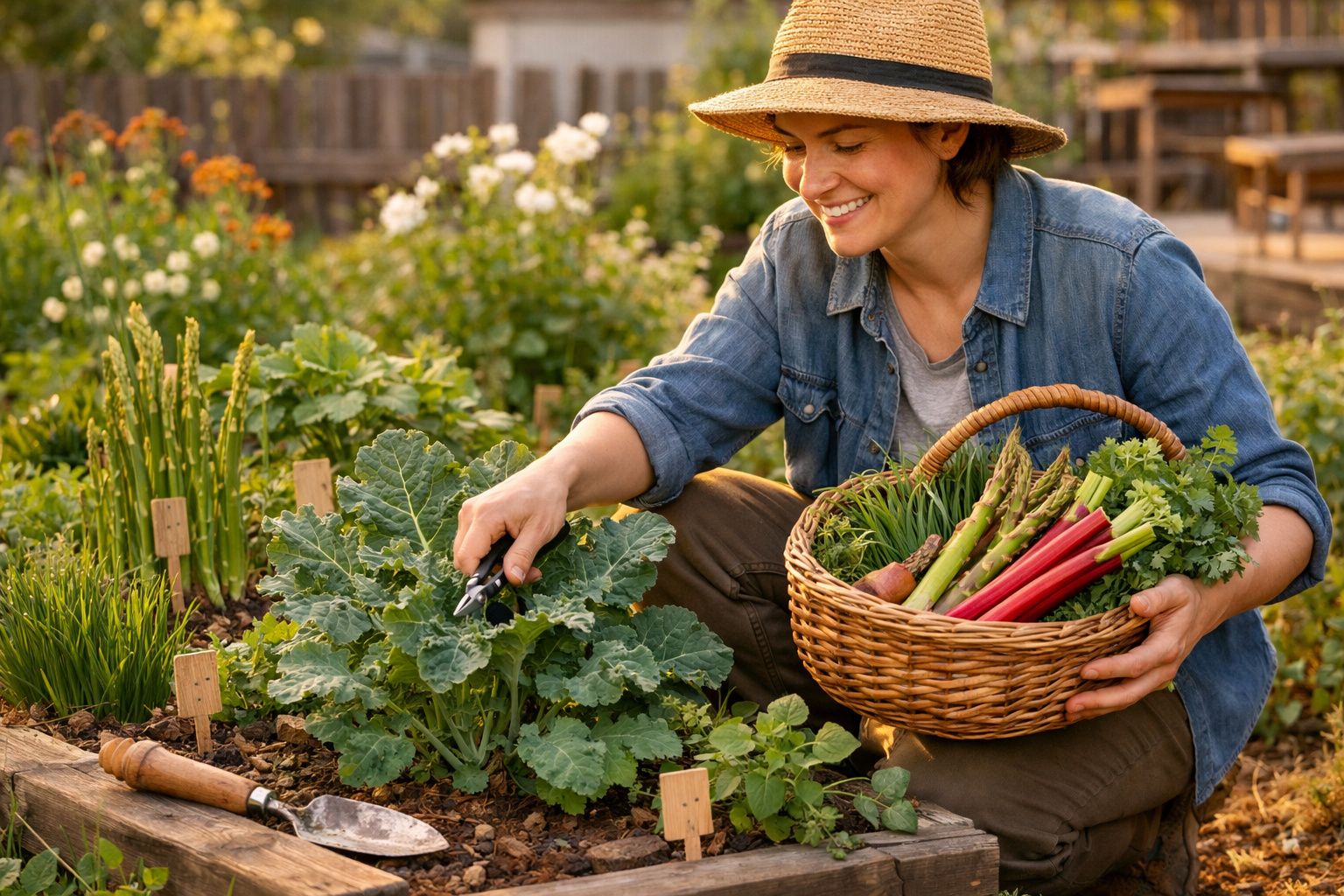 Mulher sorridente a colher legumes frescos num jardim com chapéu de palha e cesto cheio de vegetais.