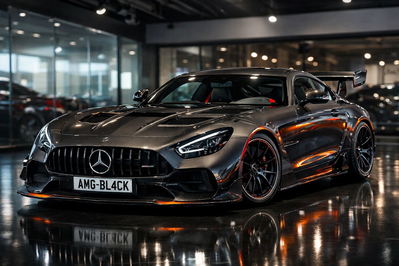Carro desportivo Mercedes AMG preto com detalhes em laranja, estacionado num interior moderno e iluminado.