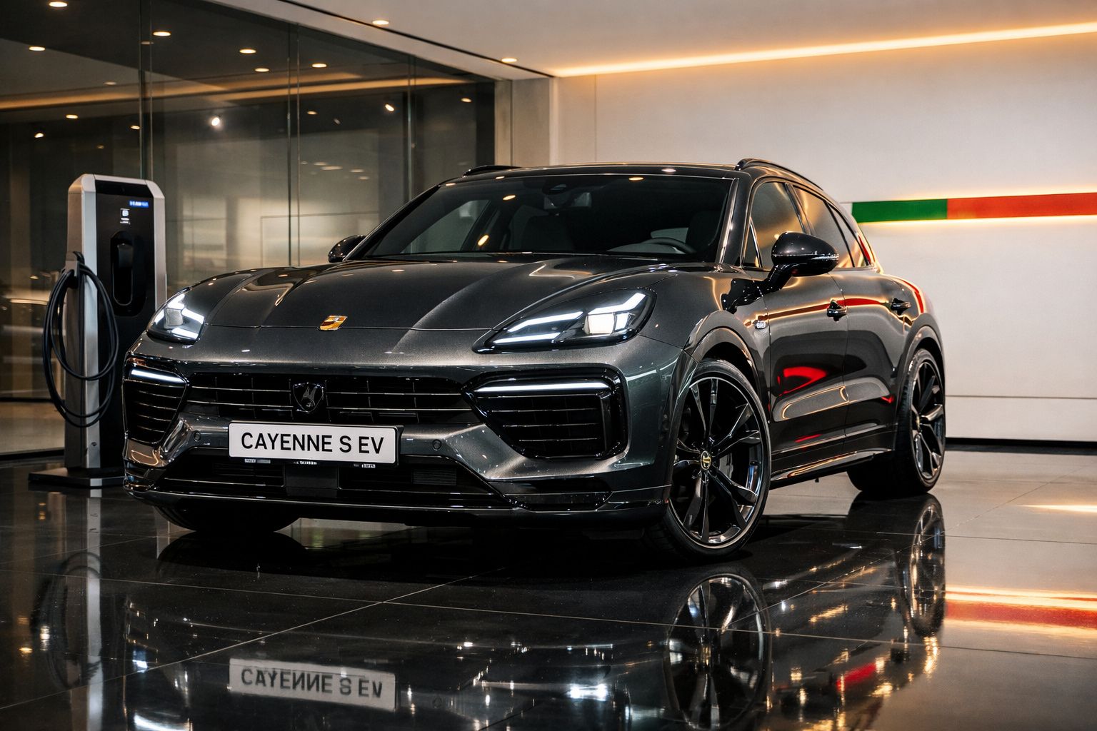 Carro elétrico de luxo Porsche Cayenne S EV preto, estacionado junto a estação de carregamento em showroom moderno.