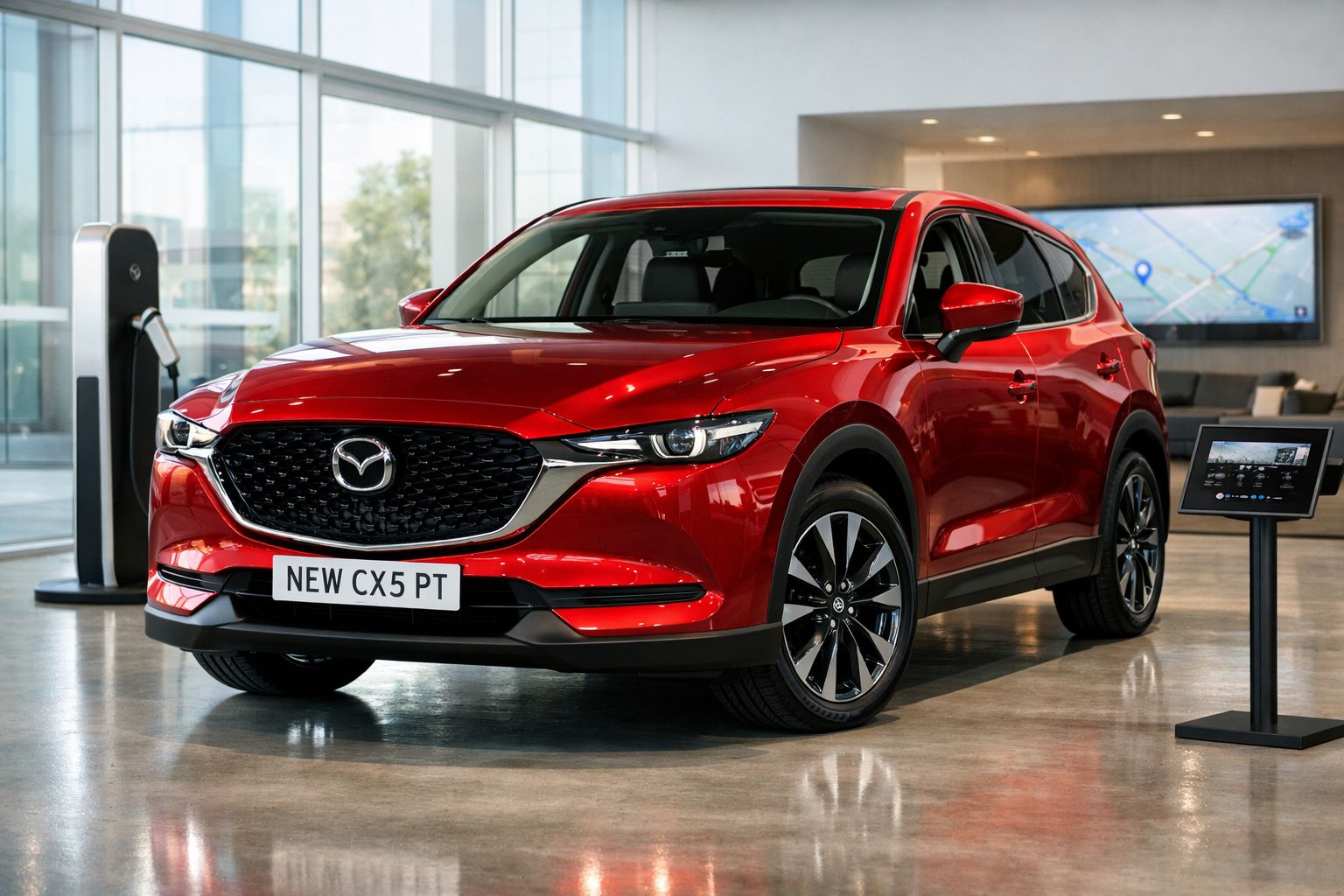 Carro SUV Mazda CX-5 vermelho exposto em salão, com painel e carregador elétrico ao lado.