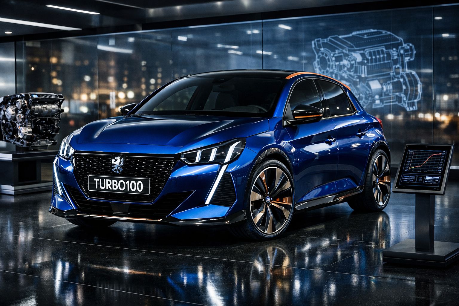 Automóvel compacto azul metálico Peugeot Turbo100 em exposição tecnológica com motor e painel digital ao fundo.