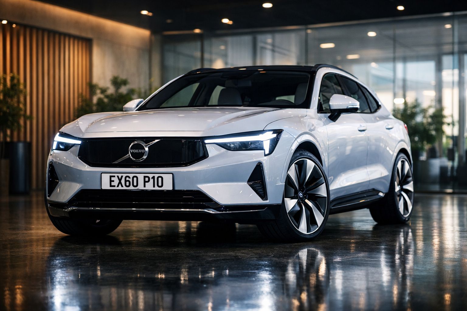Carro Volvo elétrico branco estacionado em interior moderno com piso refletor e plantas ao fundo.