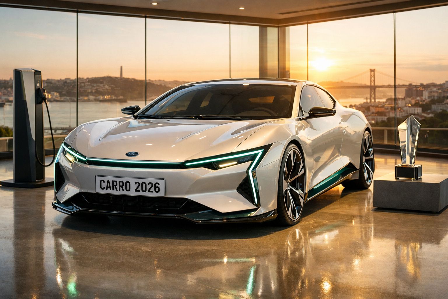 Carro elétrico futurista branco estacionado dentro de um edifício com pôr do sol ao fundo.